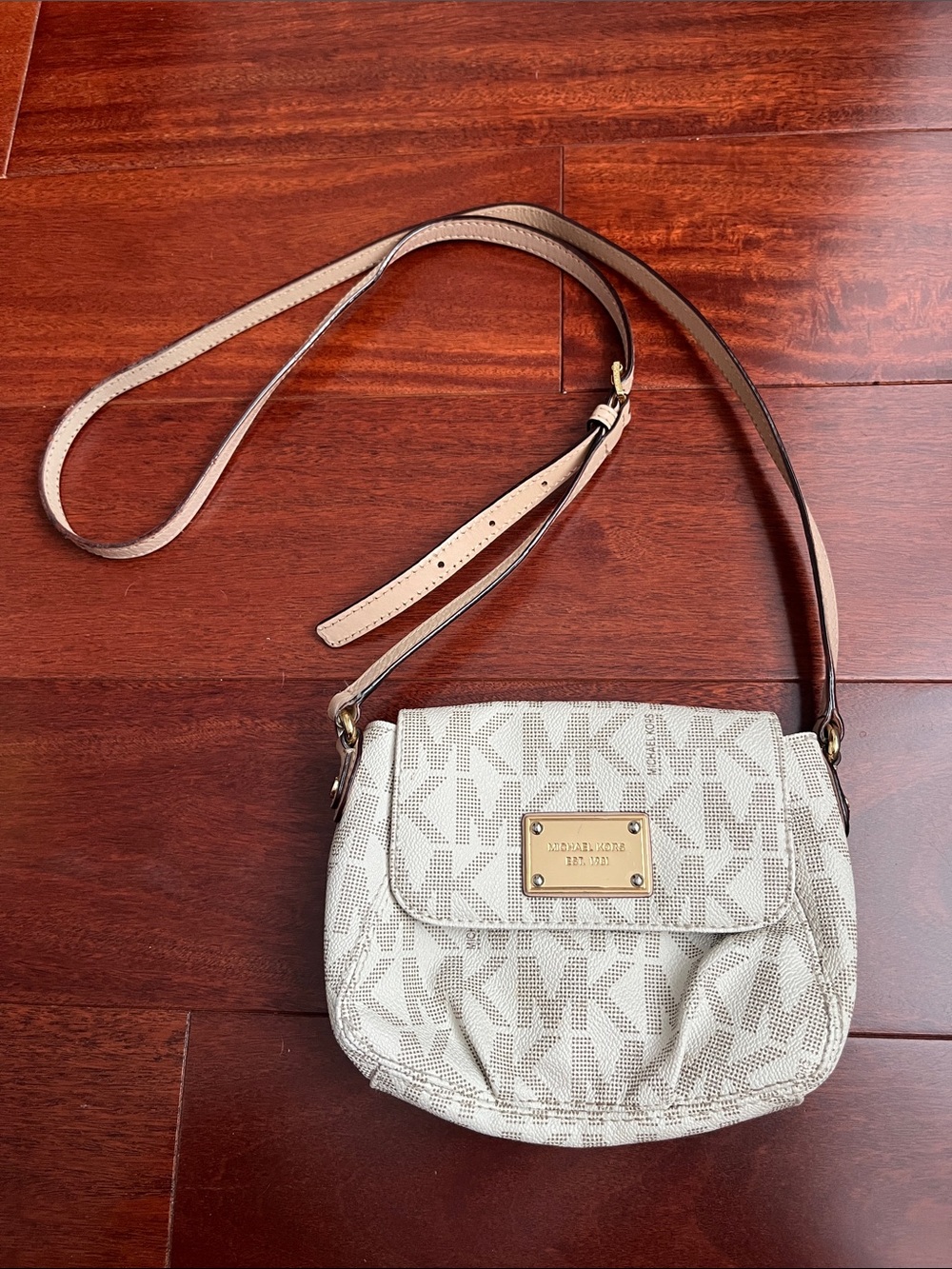Michael Kors Beige/Gold MK Logo Crossbody Bag